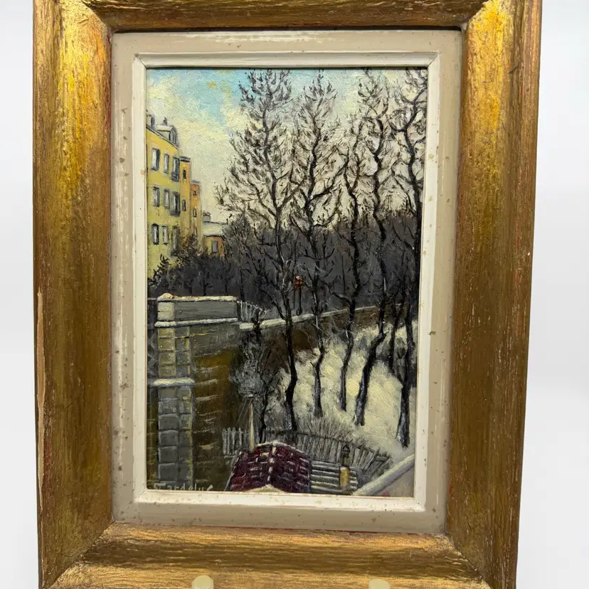 Vintage Gold Framed Oil Painting Parisian Street Scene Artist Signed 12.75”