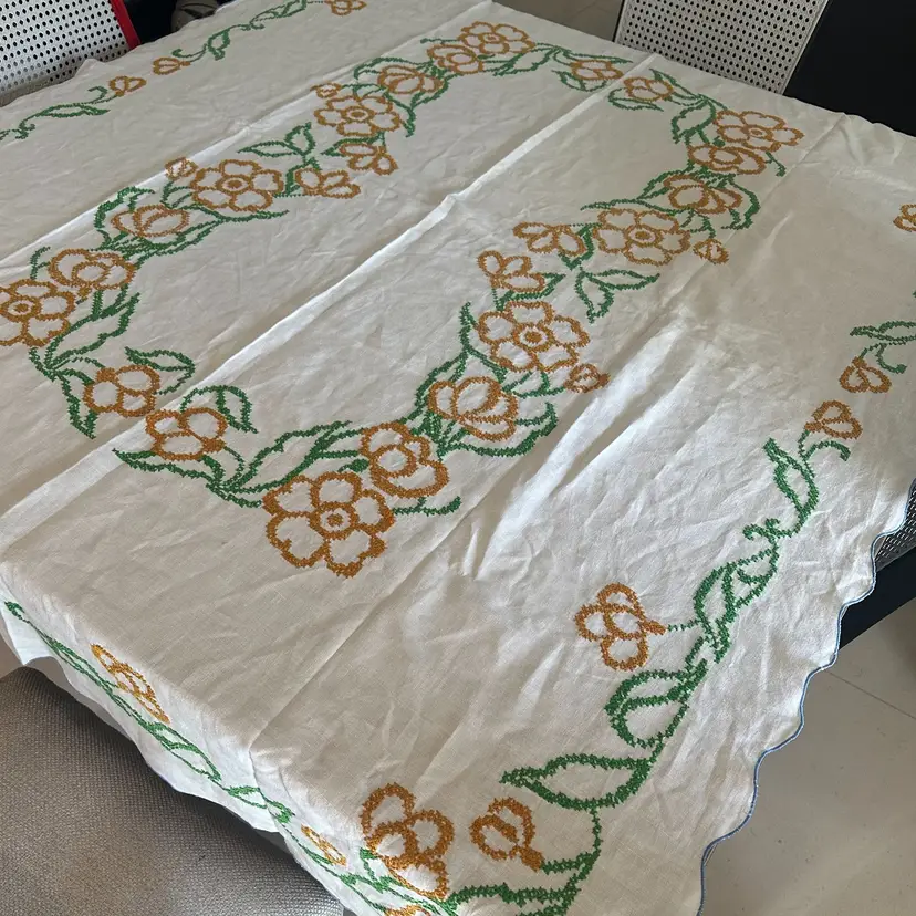 Large Vintage Floral Linen Tablecloth Cross Stitch Tablecloth Needlework