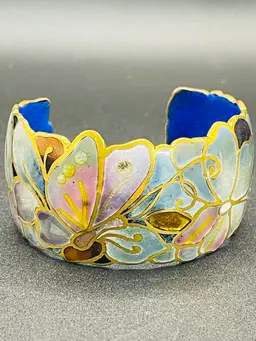 Vintage, Signed David Kuo Champlevé Enamel Cuff Bracelet Butterfly And Flowers