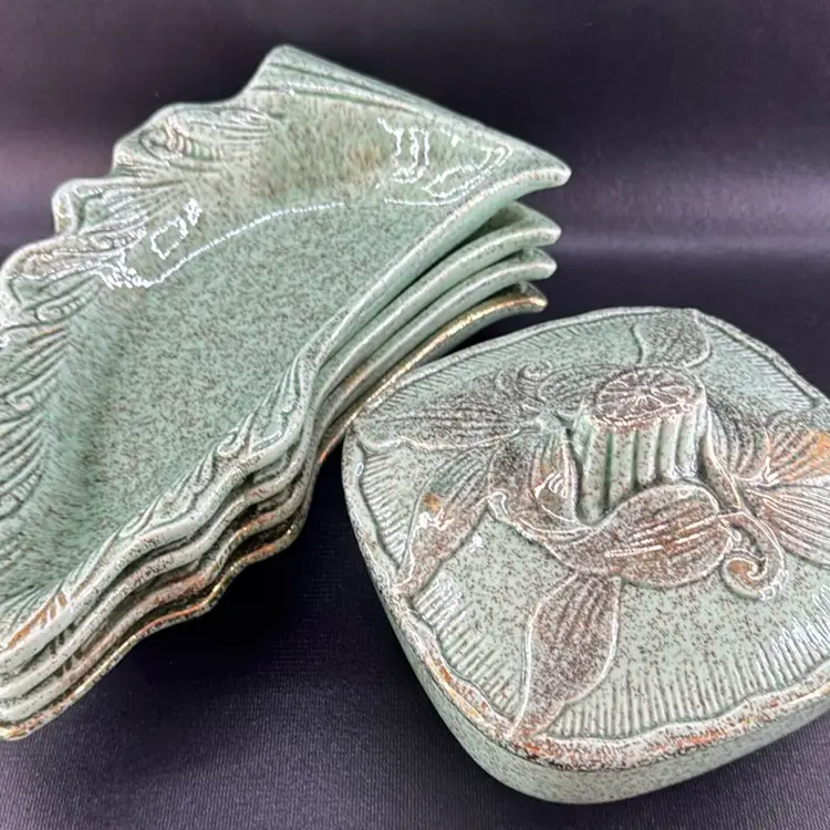 Calif Orig 590 Relish Tray Covered Dish Mint Green Gold California Pottery READ