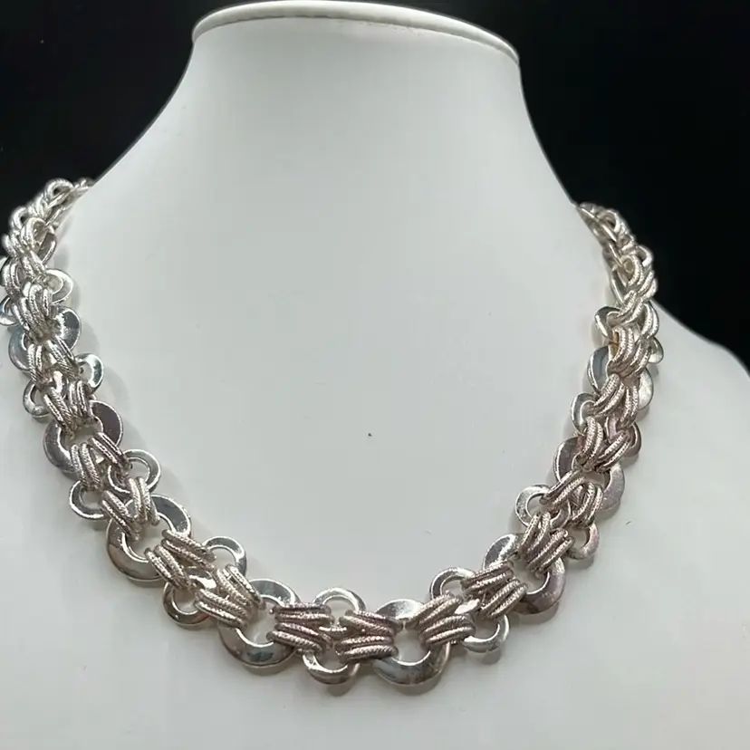 Beautiful Silvertone Multiple Ring Necklace 18” Long