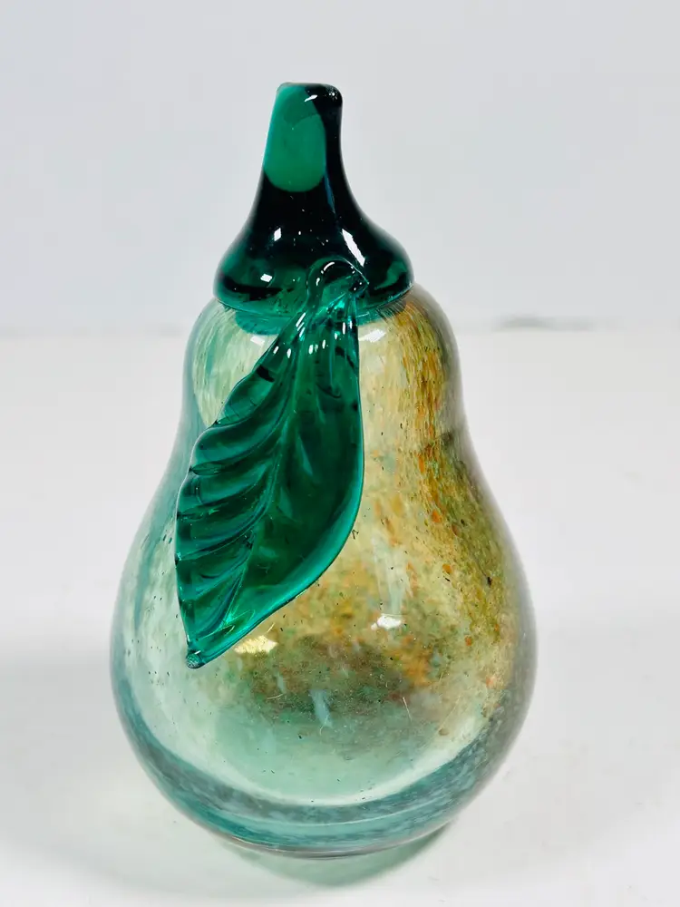 Vintage Hand Blown Glass Green Pear Paperweight Hollow Glass Art Sculpture Mint