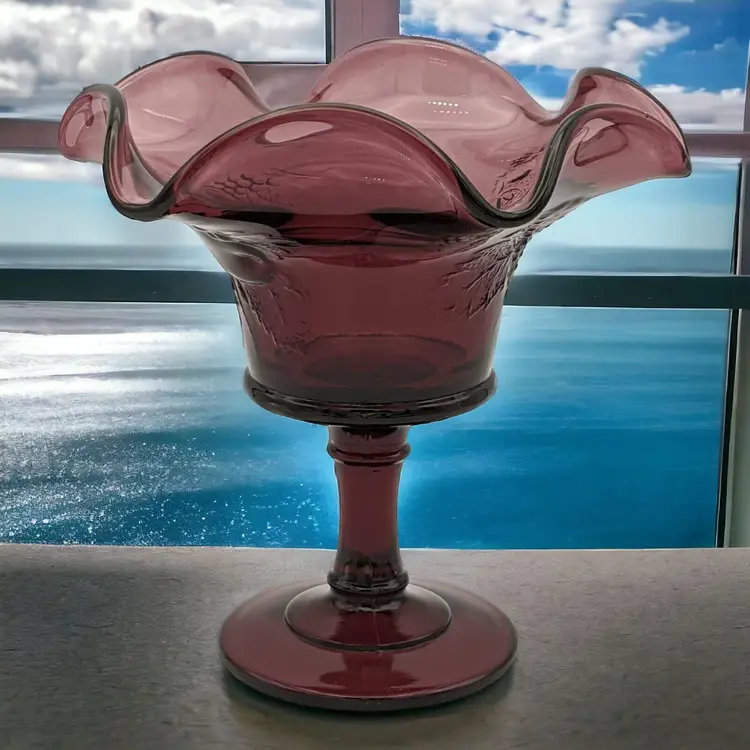 L G Wright Amethyst Strawberry and Currant Ruffled Crimped Pedestal Compote