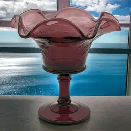 L G Wright Amethyst Strawberry and Currant Ruffled Crimped Pedestal Compote