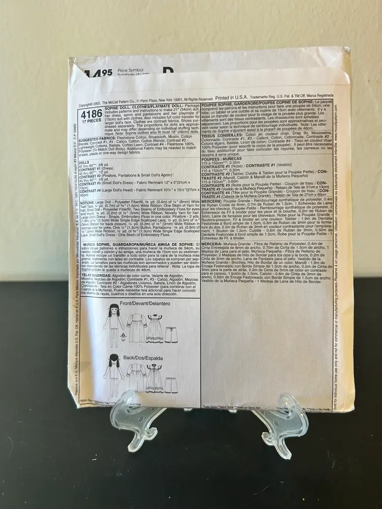 Vtg McCall’s Crafts Pattern 4186 Sofie & Her Everyday Clothes Uncut FF