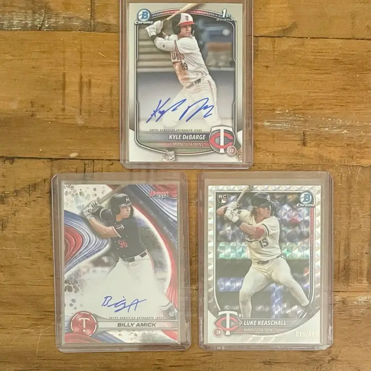 Minnesota Twins Three-Card Lot: Kyle DeBarge 1st Bowman Auto, Billy Amick Bowman’s Best Auto, Luke Keaschall Bowman Rookie /499
