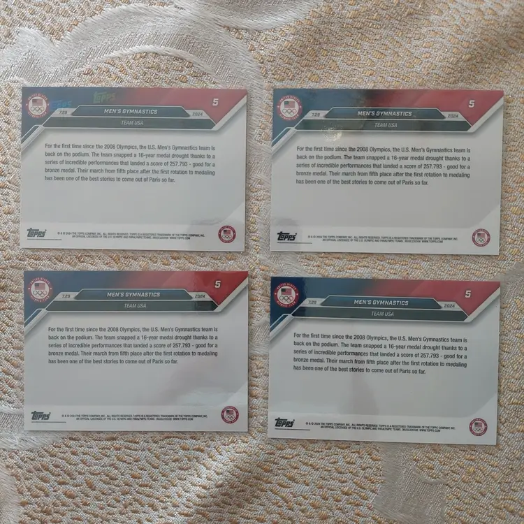 Lot of 4 Men's Gymnastics 2024 Topps Now Card 5. Team USA. (E)