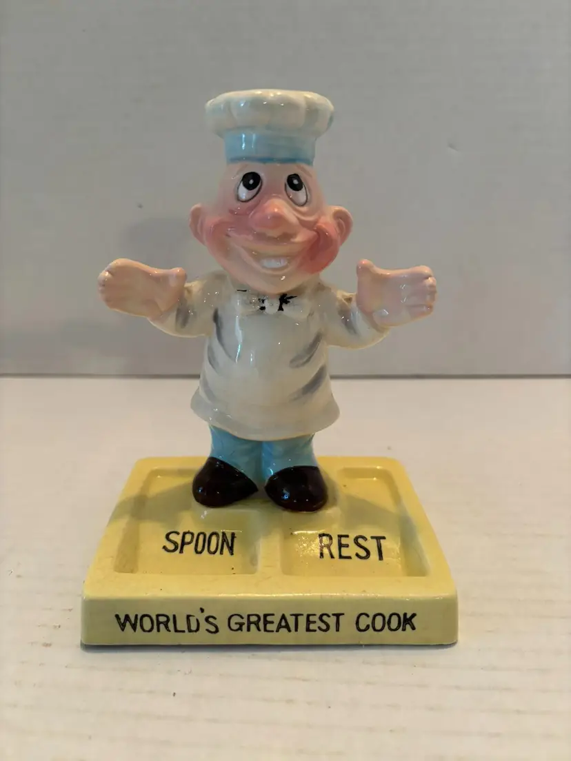Vintage Ceramic Whimsy Cook Spoon Rest "World's Greatest Cook" Kitschy Unbranded