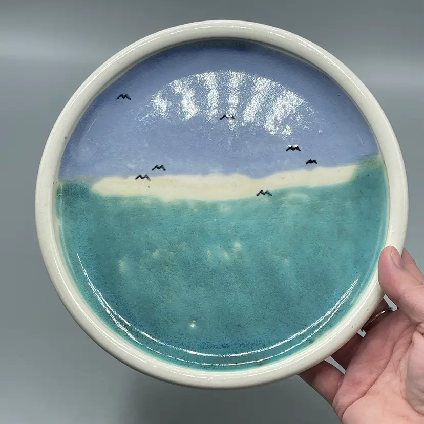 Studio Pottery Plate Ocean Themed Sea Birds Gulls Blue Teal Signed Huey