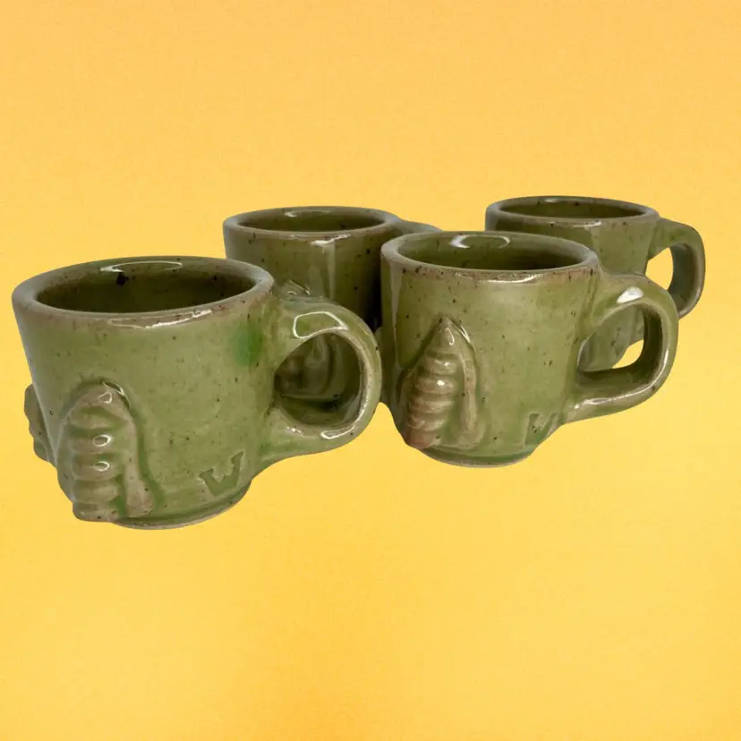 4 Studio Pottery Demitasse Coffee Mugs BEE Design Green Glaze W Mark Signed Wolf