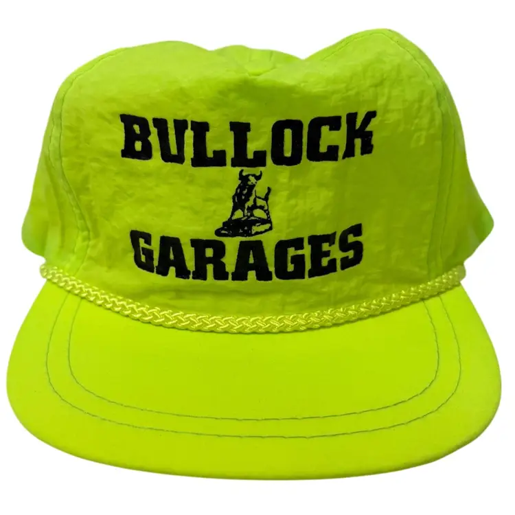 Vintage 1990’s Bullock Garages Flat Brim Nylon Rope Neon Yellow Snapback