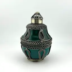 Hand Made Moroccan Ceramic Lidded Jar With Silver Tone Metal Overlay 3”x 5”