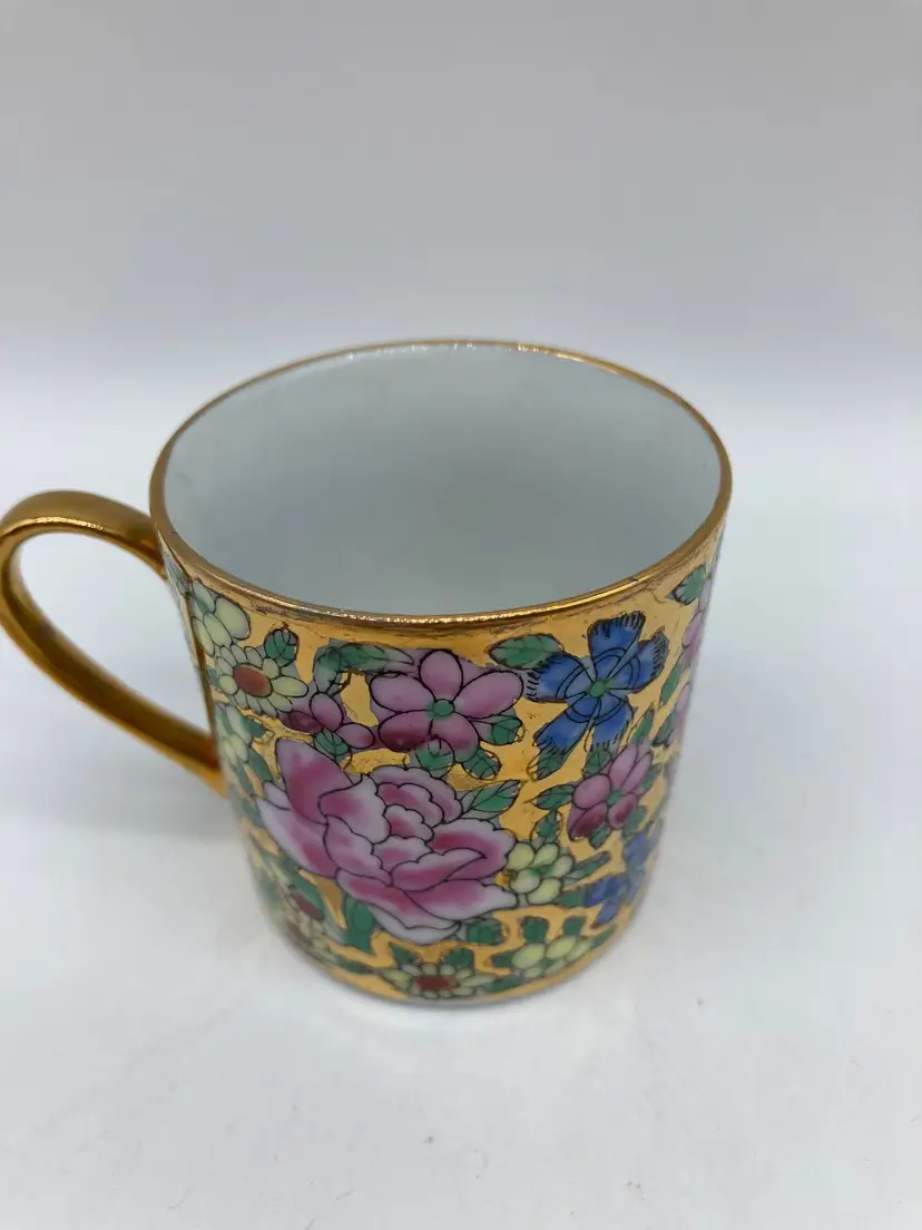 Vintage Chinese Floral Mug – Hand Painted Gold Cloisonné Style Porcelain – Rose Medallion Teacup Collectible - Made in China
