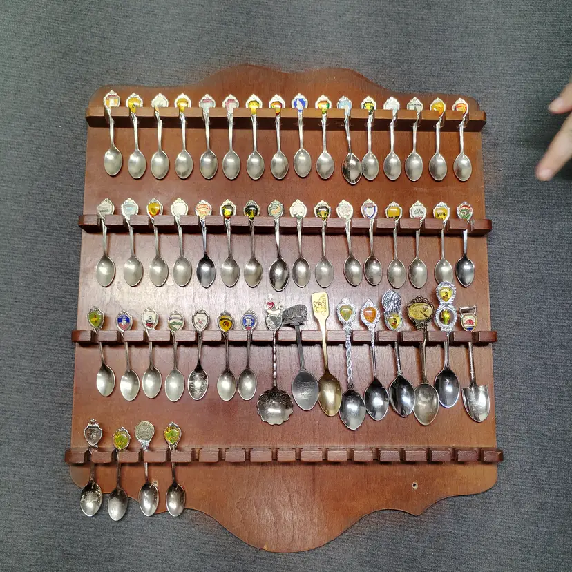 Vintage Collectible State Souvenir Spoons Display Rack Wooden Display 52 Spoons