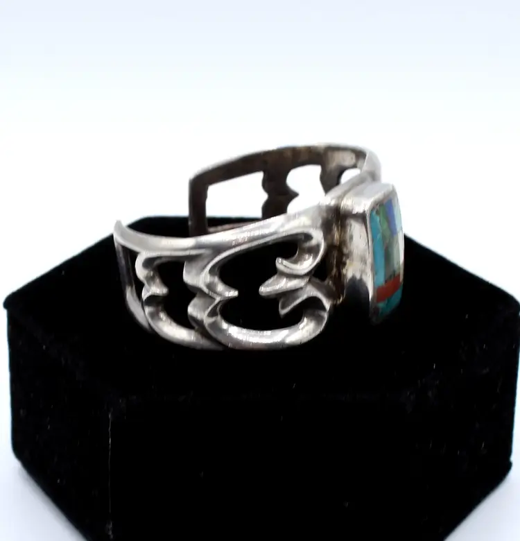 Sterling Silver Turquoise Coral inlay sandcast cuff bracelet 56g