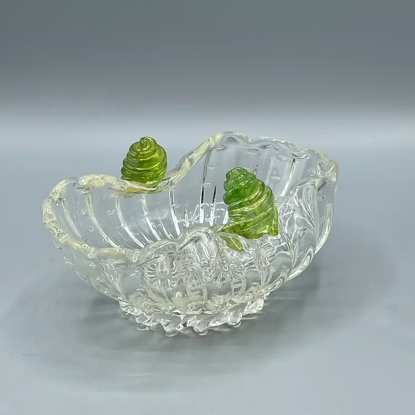 Vintage Murano Clear Glass Bowl Controlled Bubbles Applied Green & Gold “Shells”