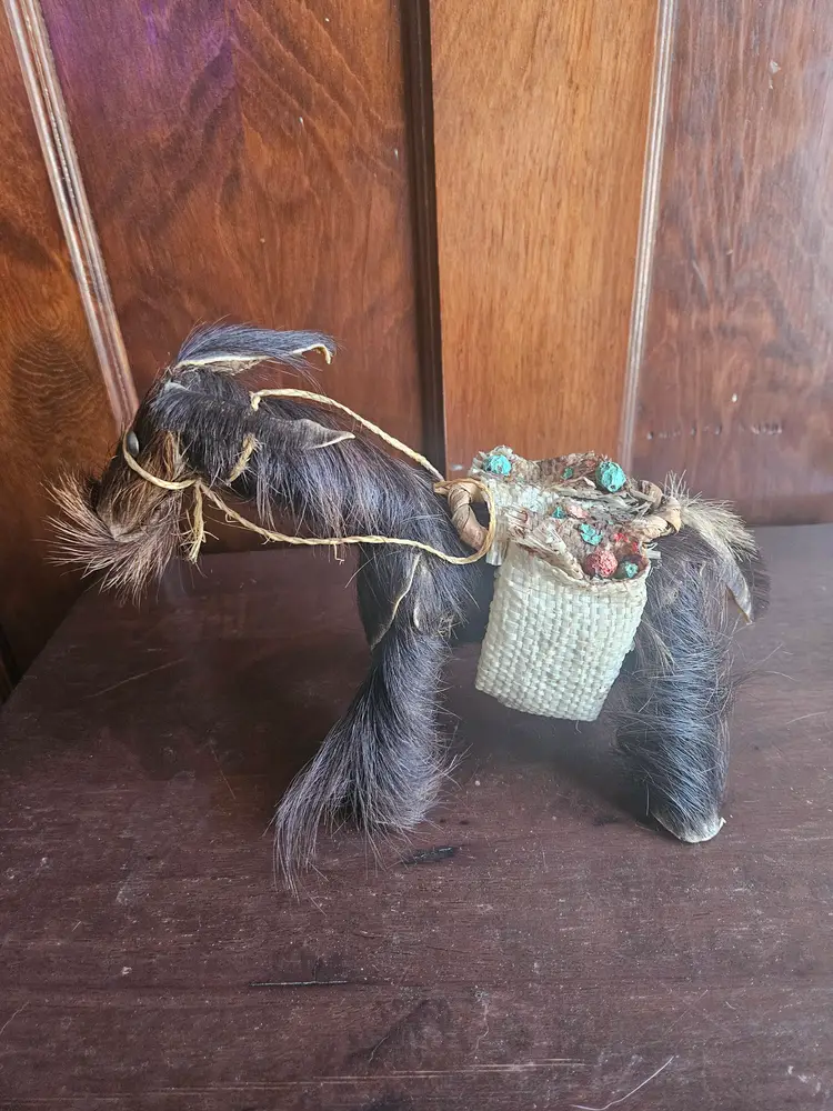 Vtg Mexican Folk Art Donkey Mule Marchanta Carrying Trade Items Real Fur