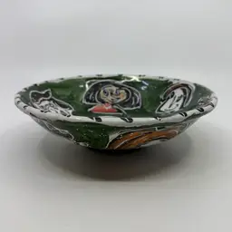 Vintage Ceramic Pottery Decorative Bowl Fired Red Clay Green Spatter Glaze Background W/ Cartoon Faces All Over Design READ