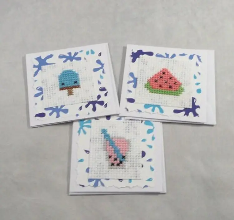 Summertime Treats Watermelon Bubble Tea Blue Popsicle Cross Stitch Blank Gift Tags Note Cards 3.25" x 3.25"