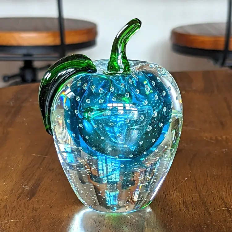 Murano Bullicante Sommerso Art Glass Apple Blue w Applied Leaf Stem Mid Century