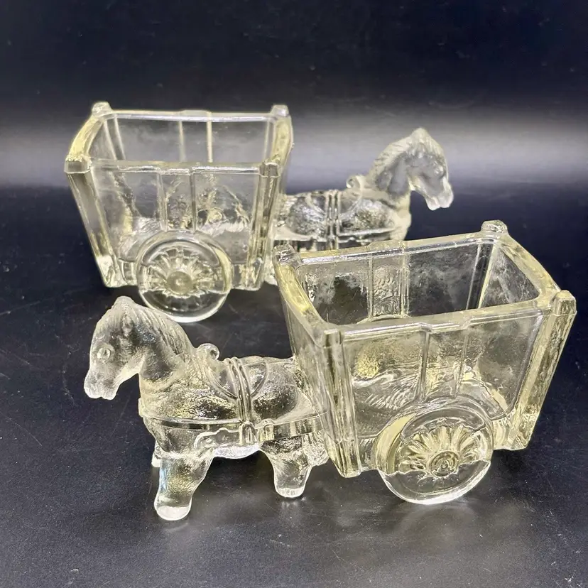 Pair Of Glass Figural Candy Dish Vintage Horse Wagon Cart