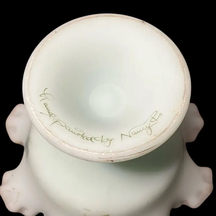 09. Fenton Hand Painted Custard Blue Roses Compote