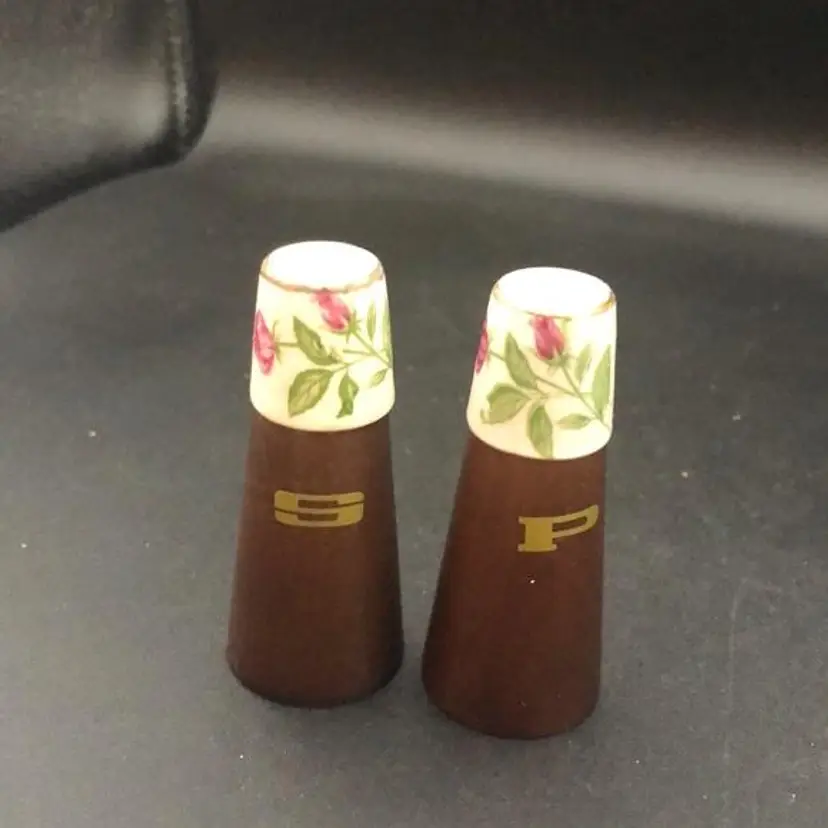 Vintage Salt & Pepper Shaker set Wooden Teak Set with Ceramic Floral tops Japan