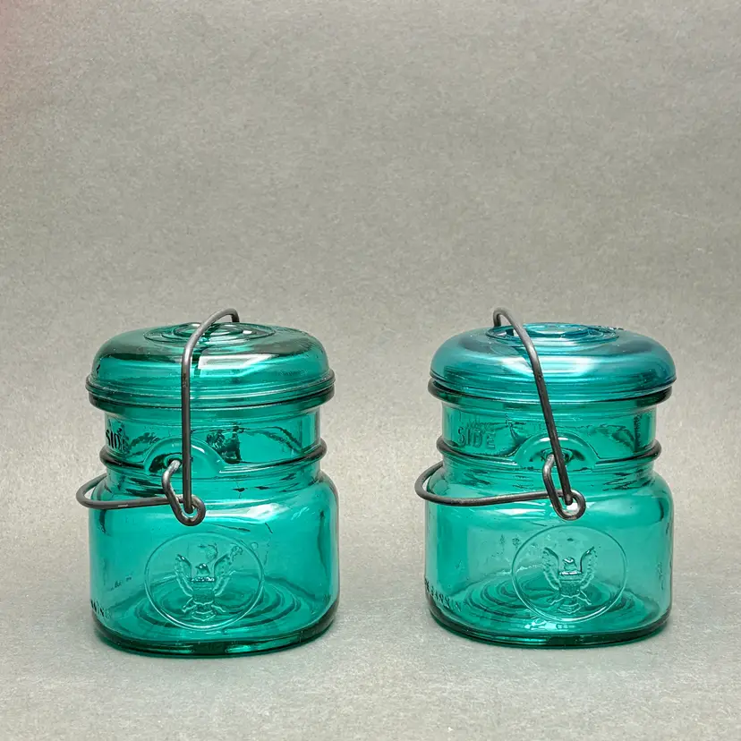 Vintage Pair if Aqua Blue Ball Ideal Half Pint Mason Jars with Wire Bails and Glass Lids