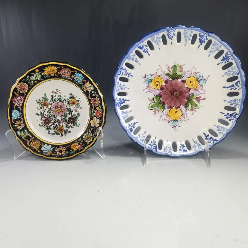 Set 2 Hanging Plates - Vestal Alcobach Portugal Pierced Scalloped Border & Biagioli Gubbio Italian Floral w Black Border Gallery Wall Decor