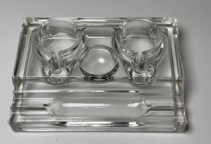 Art Deco 1920's TWN Co. Clear Glass Double Inkwell & Pen Holder Desk Set Antique