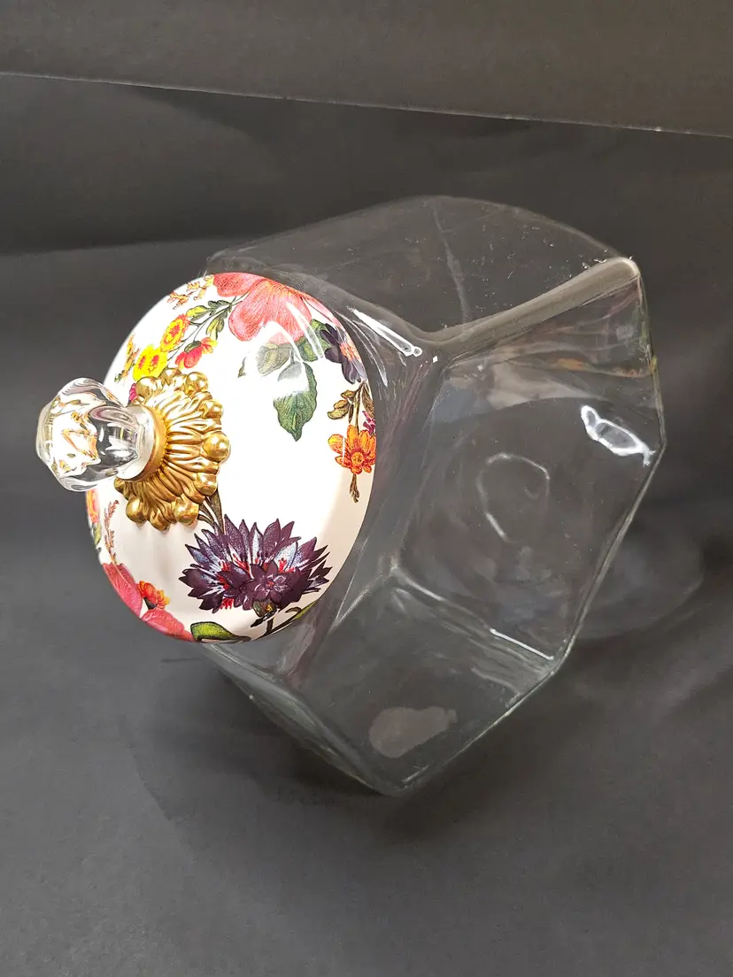 Mackenzie Childs Cookie Candy Jar Floral Enamel Over Metal Lid Clear Resin Pull