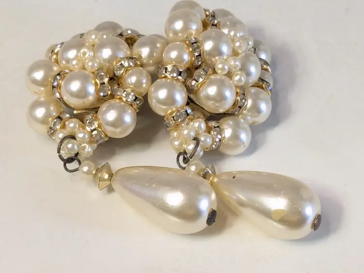Vintage Faux Pearl Cluster Dangle Clip-On Earrings with Rhinestones