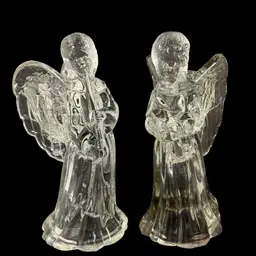 2 Vintage Candle Holders/Figurines Clear Glass Angels Choir with Song Book and Horn Glow
 6.5"