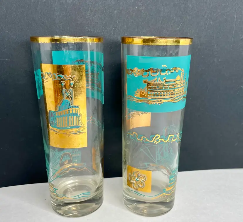 Vintage MCM 1960s Libby Highball Steam Boat Paddle Ship Glasses Turquoise Gold