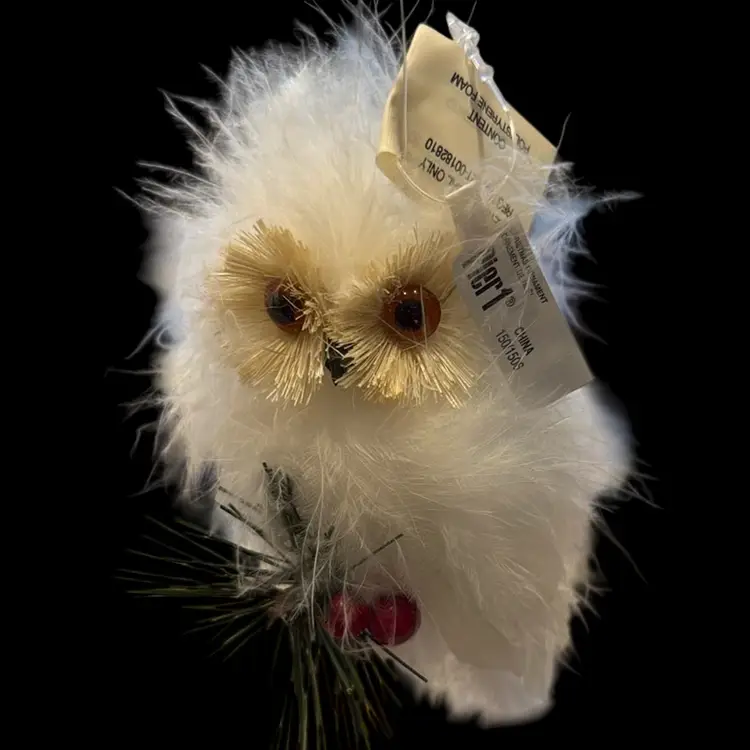 Pier One Retired White Fluffy Feather Owl Ornament NWT, 4”