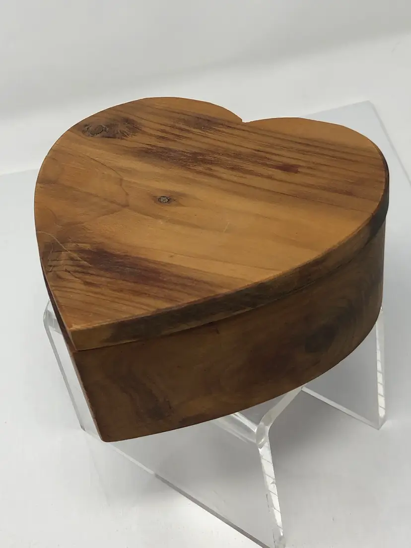 Carved Wooden Heart Trinket Box with Hinged Lid