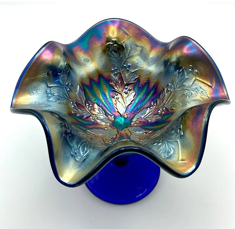 VTG Fenton Rib & Holly Sprig Cobalt Blue Carnival Glass Flared Crimped Compote