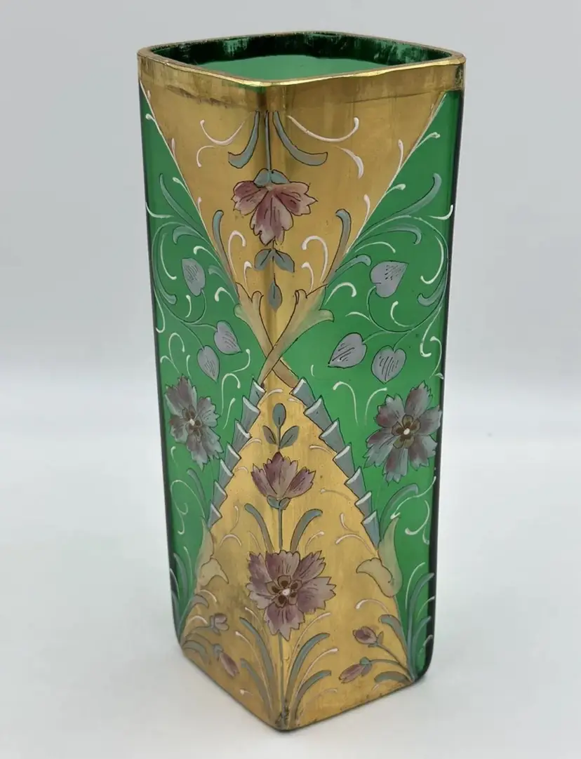 Emerald Enameled Gold Guilded Hand Painted Floral Handblown Victorian Glass Vase