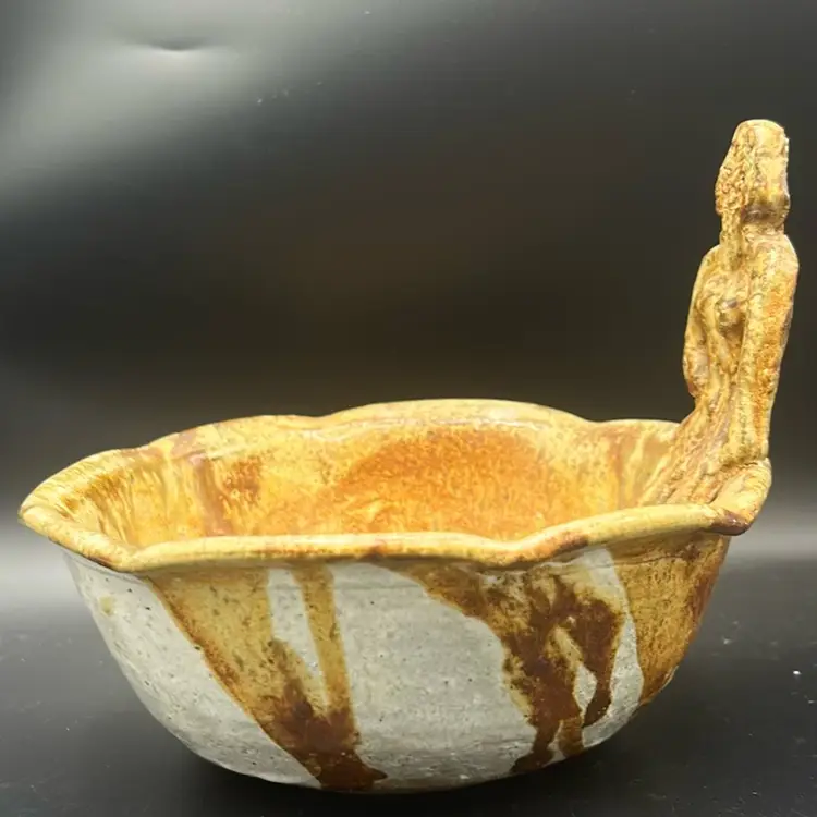 Studio Art Pottery Applied Lady On Trinket Bowl With Drip Glaze