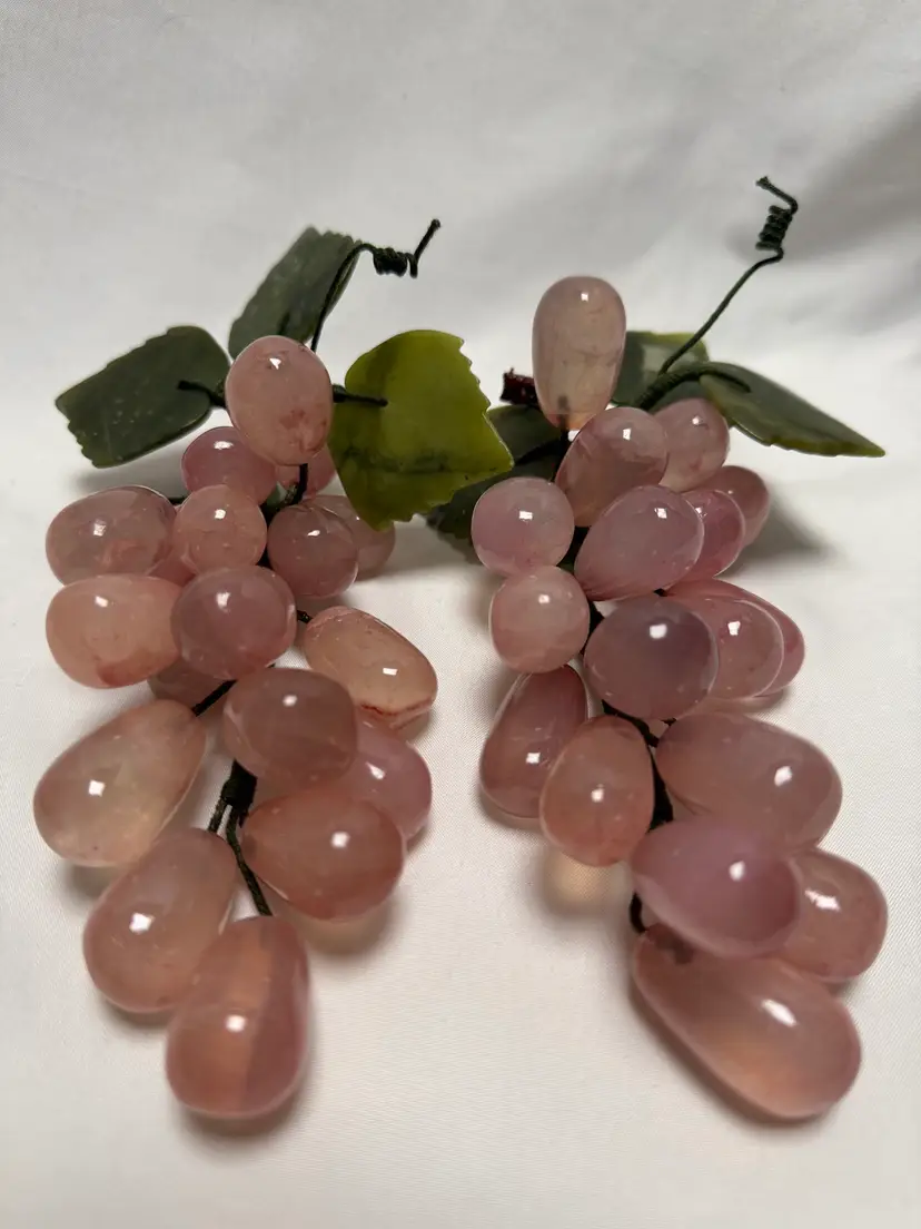 Vtg MCM Pink Stone Grape Clusters – Pair – Rose Quartz Style – 7.5” – Mid Century Decor