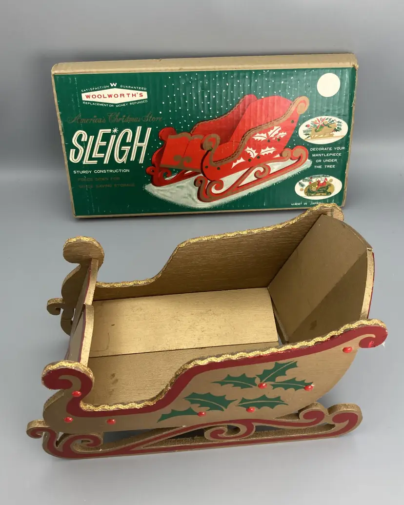 Woolworth's Wooden Folding Sleigh Christmas Decoration with Box - Vintage Card Holder