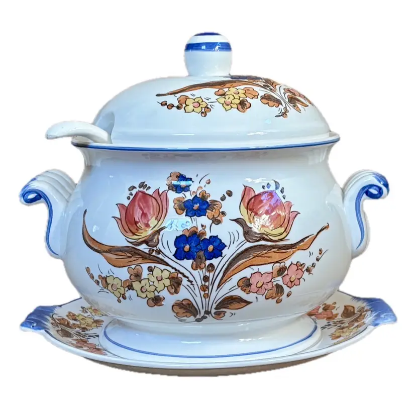 Vintage White Floral Soup Tureen with Lid Ladle Under Plate Ceramic Cottage Core