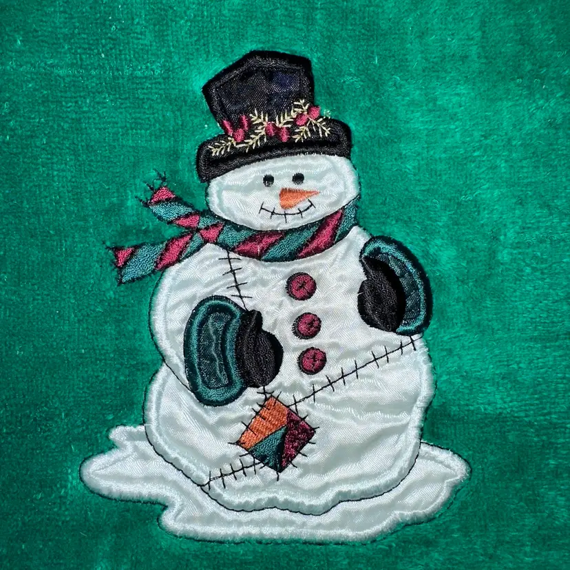 Vintage Holiday Bathworks Towel Snowman Appliqué Green 22 X 38
