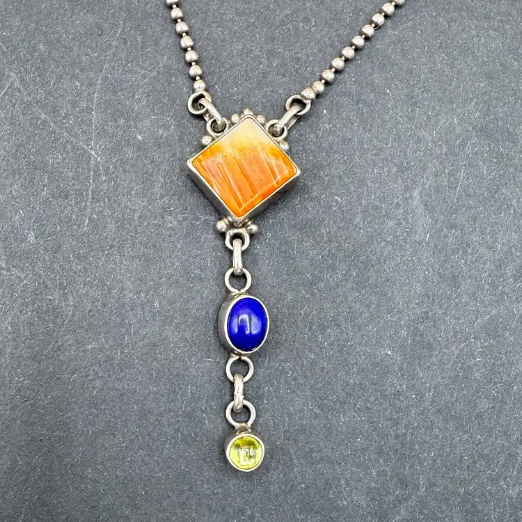 Navajo Nakai Sterling Silver Spiny Oyster Sodalite Green Stone Silver Pendant Necklace With Attached Necklace 17”