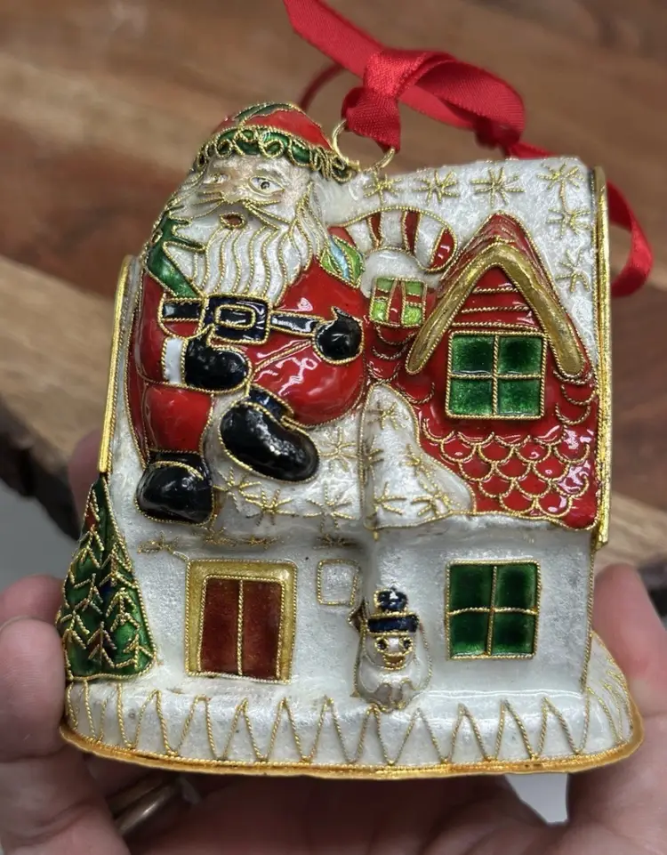 Cloisonne Brass Enamel Santa Claus House Chimney Christmas Tree Ornament #Christmas