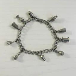 Vintage 1950's Silver Tone Random Charm Bracelet 10 Charms 7 Inches Monopoly