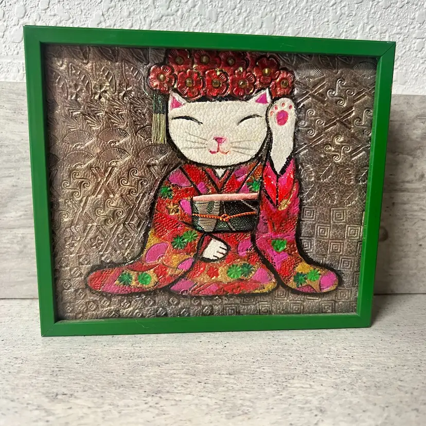Hand Tooled Leather Geisha Maneki Neko Lucky Cat Art In Green Metal Frame