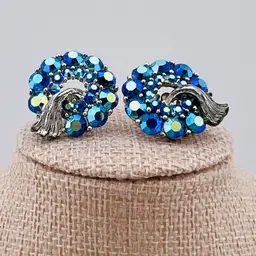 Vintage Blue AB Rhinestone Lisner Screwback Earrings 1” READ