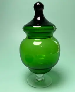 Vintage Empoli Italian Emerald Green Glass Apothecary Jar w/Clear Stem MCM 7.5"