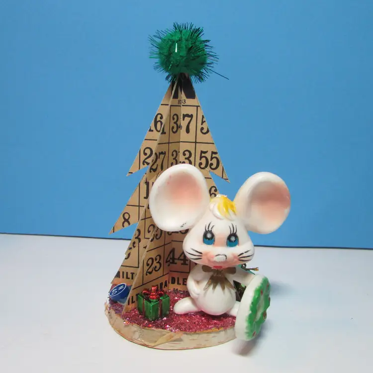 vintage Christmas assemblage Bingo card tree mouse